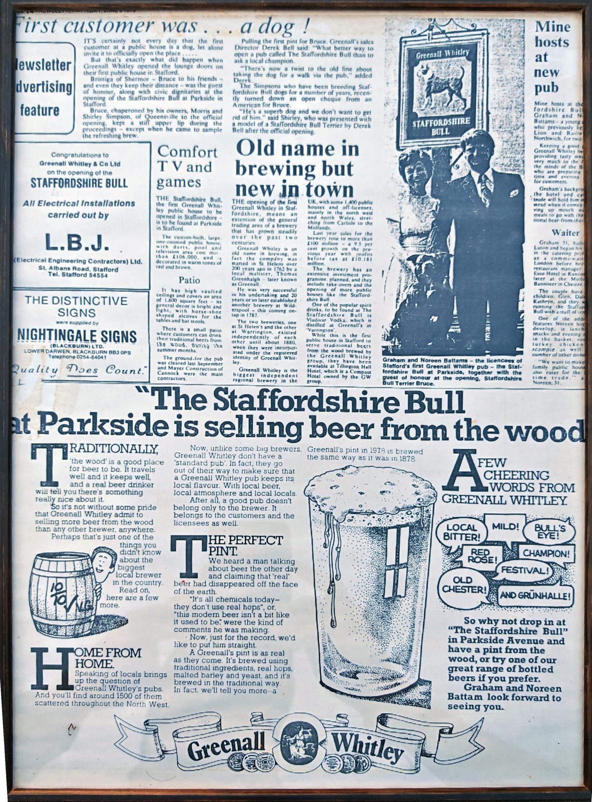 Newspaper advertising feature from June 1978 covering the opening of The Staffordshire Bull at Parkside, including the headline 'First customer was... a dog!' and a photo of licensees Graham and Noreen Battams with Staffordshire Bull Terrier Bruce